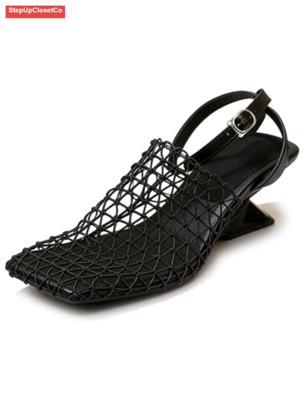 Womens Fishnet Wedge Sandals Square Toe Block Heel Mesh Slingback Pumps